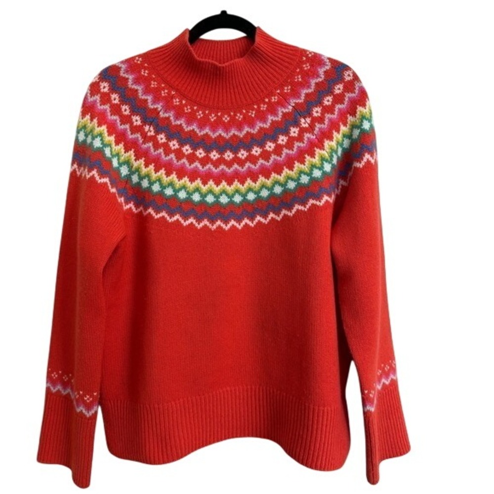 Boden Red Rainbow Fair Isle Cashmere Sweater Mock Neck K0512 US 10